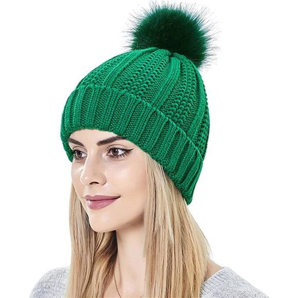 Accessories - Muryobao Womens Satin Lined Winter Beanie Hat with Faux Fur Pom Cuffed Warm Knit